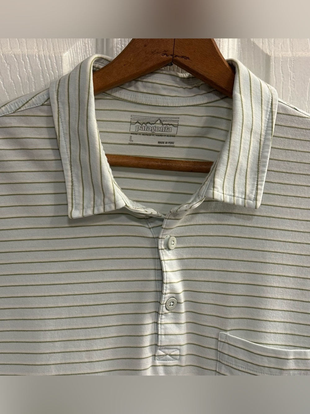 Patagonia Men’s Large Striped Polo Shirt Organic Cotton Blue Green Pocket